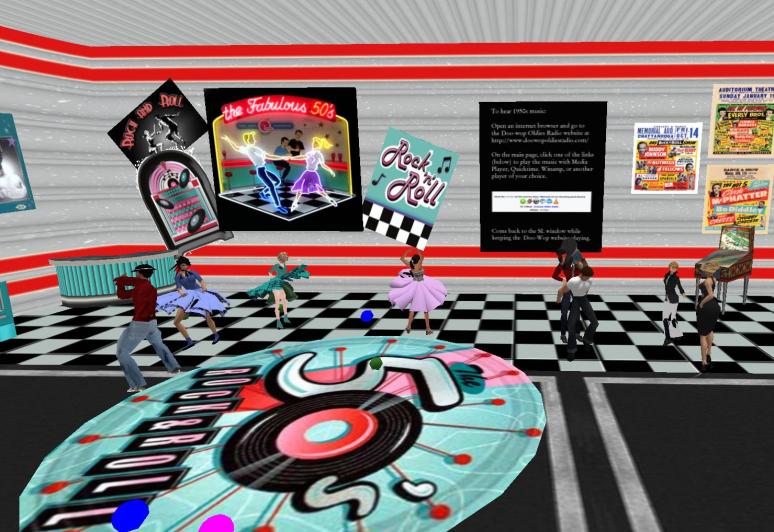 Students at a 50s style sock-hop in Second Life